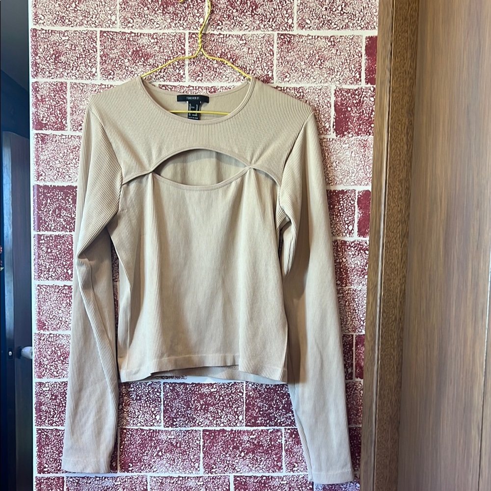 Forever 21 Taupe Long Sleeve Cutout Top